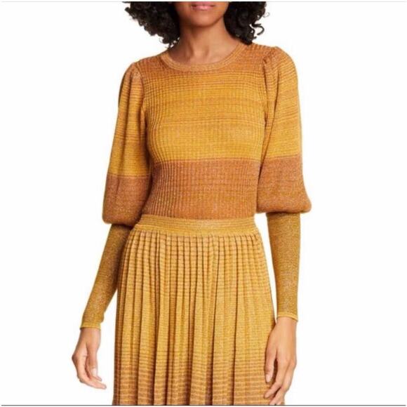 Ulla Johnson Dax Puff Sleeve Crew Neck Ribbed Metallic Ombre Gold Small - Picture 8 of 11